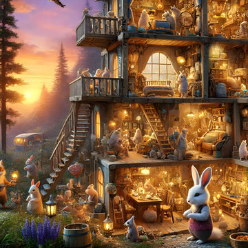 Main artwork of whimsical woodland rabbits inside a cozy multi-level cottage at sunset, 1000-piece adult puzzle.