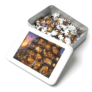 Giftable puzzle tin with the cozy cottage rabbit scene and mixed 1000 pieces.