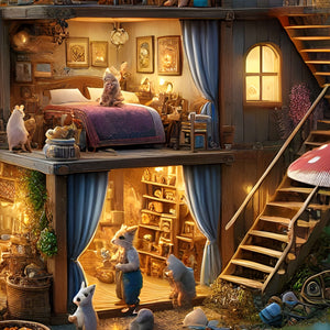 Close-up of bunny bedroom and bakery nook inside the cottage, woodland animals puzzle detail.