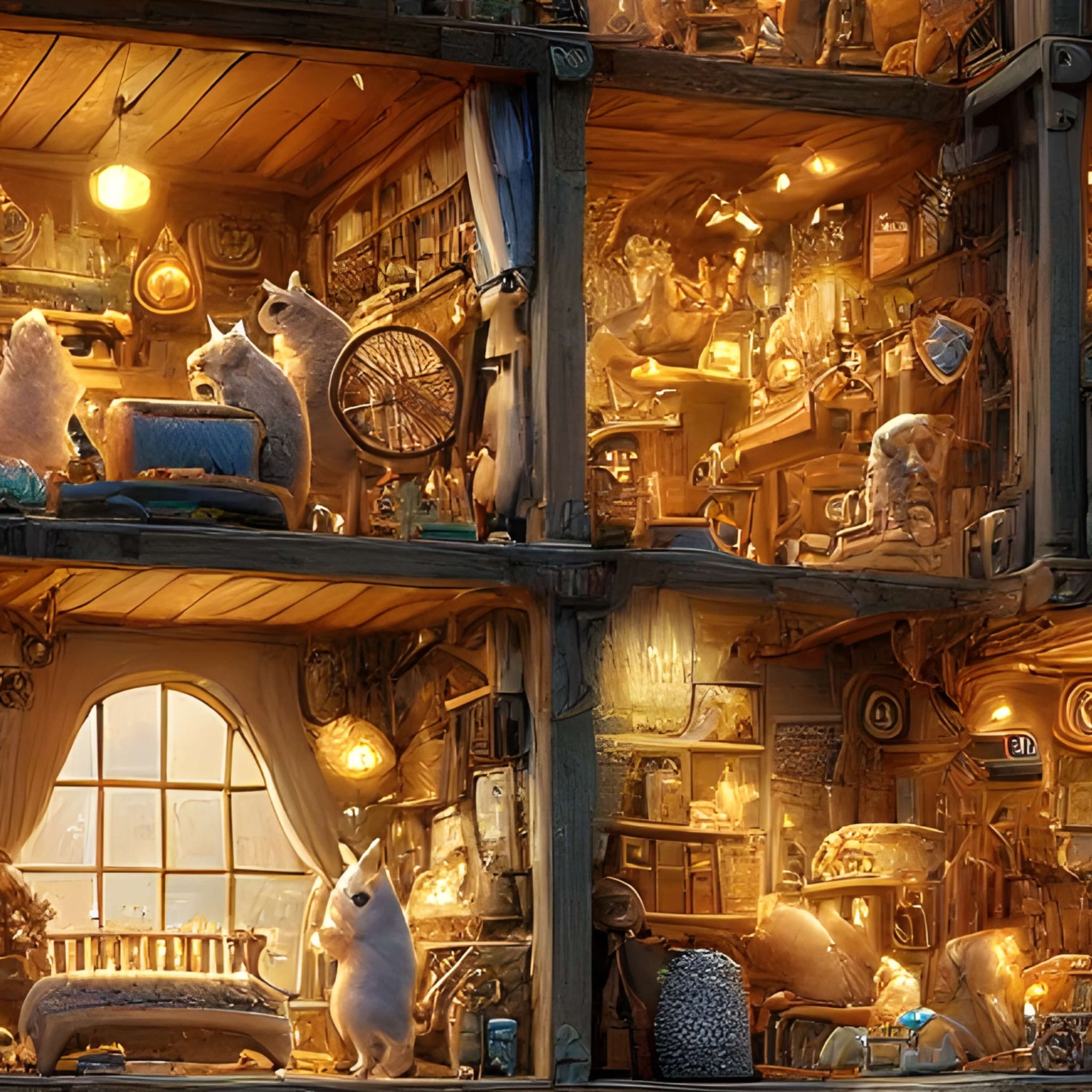 Rabbits crafting in lantern-lit workshop—cozy cottagecore jigsaw detail.