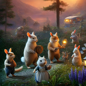 Outdoor Garden scene with woodland rabbits carrying lanterns at dusk.