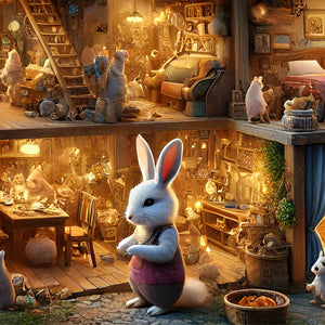 Interior kitchen and living room packed with rabbits, warm cottage lighting.