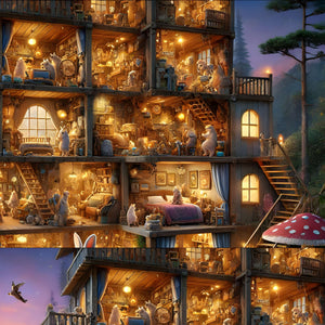 Cross-section of multiple cottage rooms filled with whimsical rabbit activity.