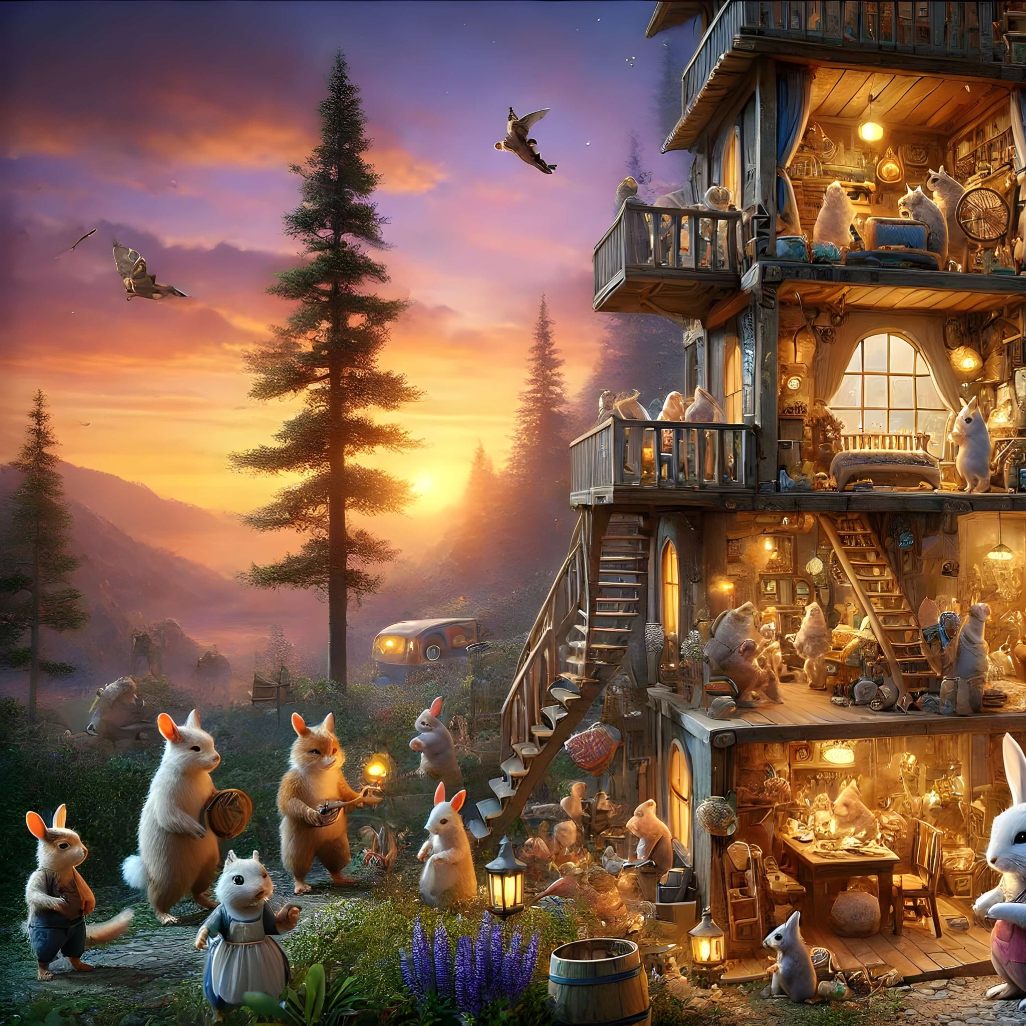 Forest sunset beside the rabbit cottage—storybook woodland scenery.