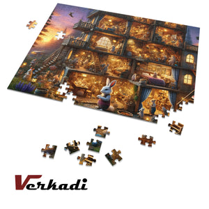 Partially assembled 1000-piece adult puzzle showing cozy cottage artwork.