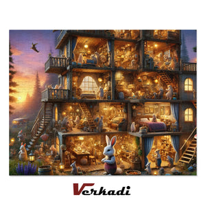 Completed whimsical woodland rabbits cozy cottage puzzle