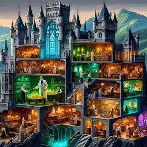 Wizard’s gothic fortress cutaway with alchemy rooms and turrets, fantasy castle puzzle