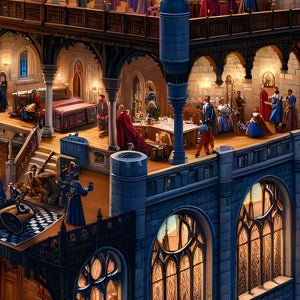Workrooms beneath arches with robed figures and stone columns—medieval fantasy puzzle detail