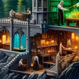 Castle workshops with gears, lanterns and tools—fantasy puzzle detail