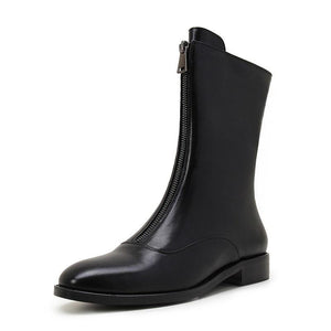 Top Quality Genuine Leather Square Heel Mid Calf Boots
