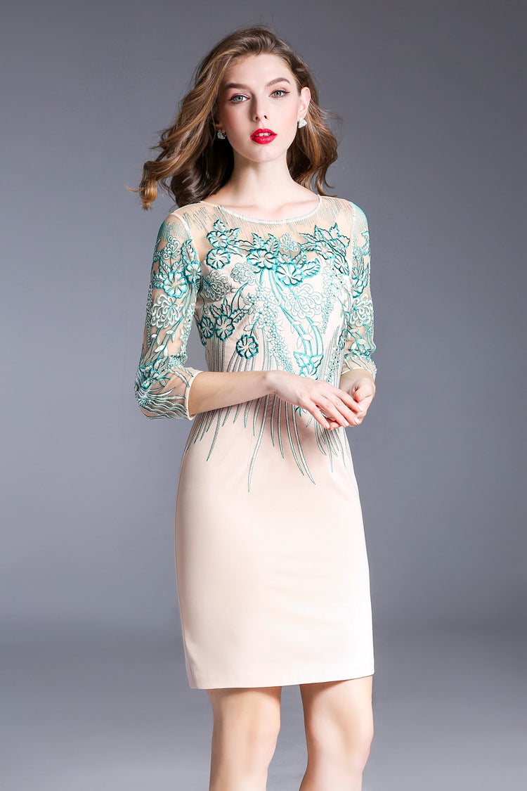 Embroidered Pencil Vintage Formal Party Midi Dress