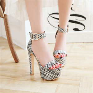 Printed Buckle Strap Covered High Heels Women Sandals