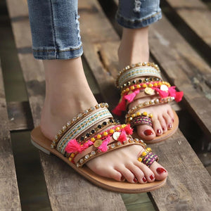 Hip Summer Bohemian Ethnic Style Flat Rhinestone Sandals