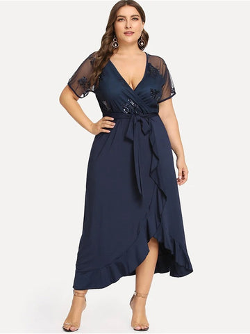 Elegant Plus Size Deep V Neck Ruffle Sequin Mesh Wrap Long Dress