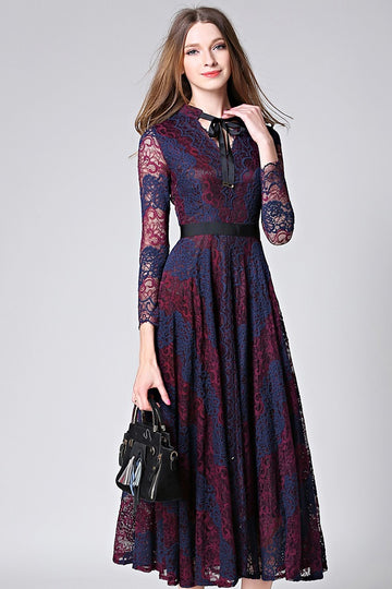 intage Lace Flower Print A-Line Mid-Calf Dress