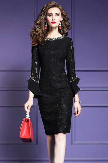 Elegant Pencil Lace Retro Beading Party Club Midi Dress