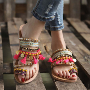 Hip Summer Bohemian Ethnic Style Flat Rhinestone Sandals