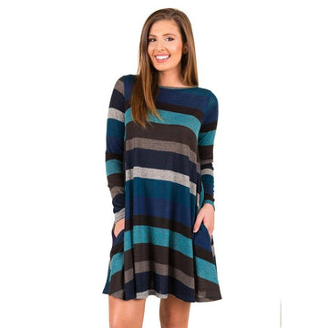 Hip O-Neck Long Sleeve Striped Pocket Loose Midi Vintage Dress Verkadi.com