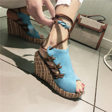 Gladiator Cross Tied High Heels Wedges Peep Toe Platform Sandals