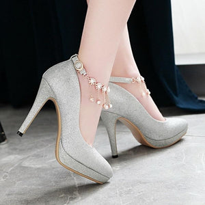 Smart High Heel Ankle Strap String Bead Pump Shoes Verkadi.com