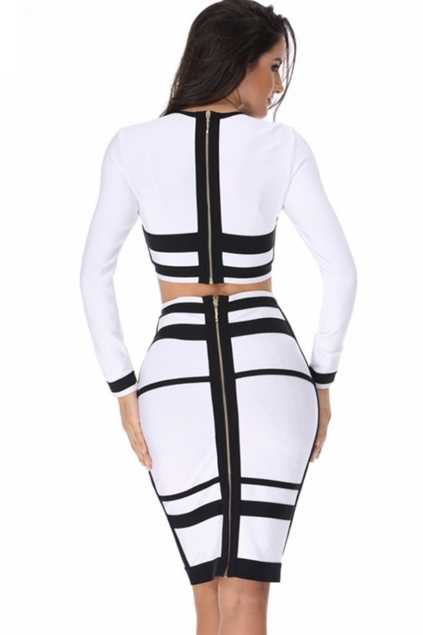 Cool Two Piece White Black Patchwork Bodycon Mini Dress