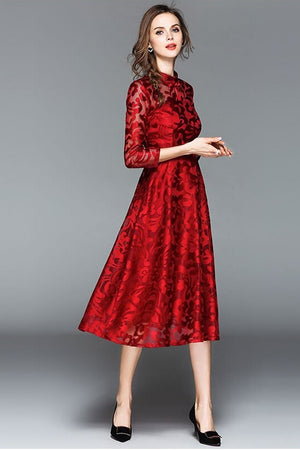 Vintage Style A-Line Big Swing Lace Mid-Calf Dress