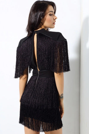Exquisite Stand Collar Cut Out Tassel Splice Party Mini Dress