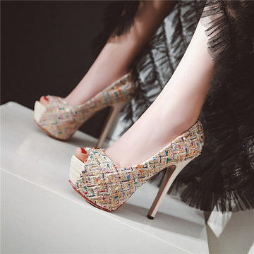 Peep Toe Plaid Platform High Heels Multi-color Women Pumps