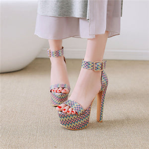 Printed Buckle Strap Covered High Heels Women Sandals