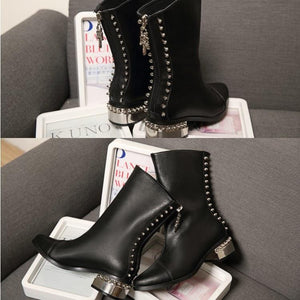 Thick Genuine Leather Rivets Round Toe Mid Calf Boot Verkadi.com