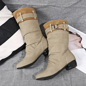 Cross Belt Button Sleeve Low-Heeled Mid-Calf Boots