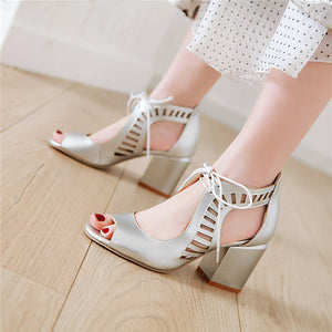 Hollow Lace Up Covered Block Heel Peep Toe Sandals