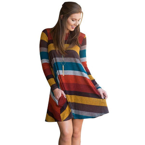 Hip O-Neck Long Sleeve Striped Pocket Loose Midi Vintage Dress Verkadi.com