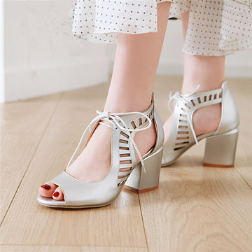 Hollow Lace Up Covered Block Heel Peep Toe Sandals