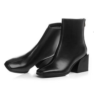 Euro Style Leather Square Toe High Heel Ankle Boots