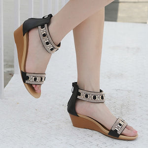 Cool Rhinestone Middle Wedge Heel Woman Bohemian Sandals