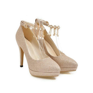 Smart High Heel Ankle Strap String Bead Pump Shoes Verkadi.com