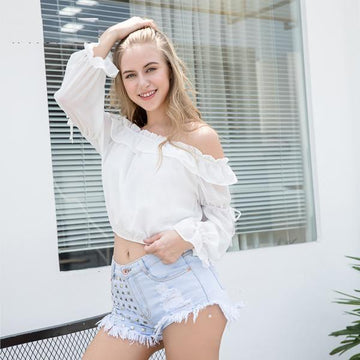Ruffled Strap Chiffon Off Shoulder Hollow Out Top Blouse Verkadi.com