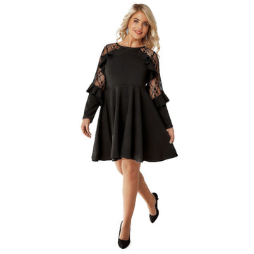 Patchwork Lace Ruffle Straight Black Sexy PLUS SIZE Dress Verkadi.com