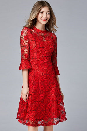 Flare Sleeve Hollow Lace A-line Plus Size Mini Dress