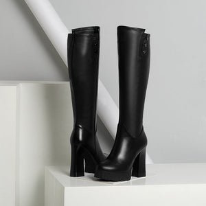 Genuine Leather Square High Heel Riveted Long Boots
