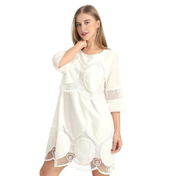 Cotton Sexy Hollow Out Lace Loose Ivory O Neck Dress Verkadi.com