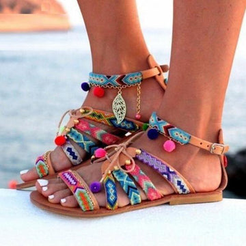 New Gladiator Roman Strap Embroidered Flat Sandals Verkadi.com