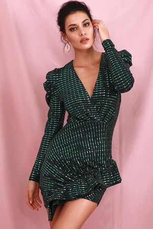 Deep Green Long Sleeve Ruffled Sequins Party Mini Dress