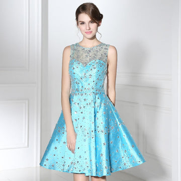 Sky Blue Glitter Sequined Satin O-Neck Mini Prom Dress Verkadi.com
