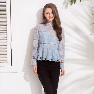 High Collar Lace Hollow Out Back Zipper Tops Blouse