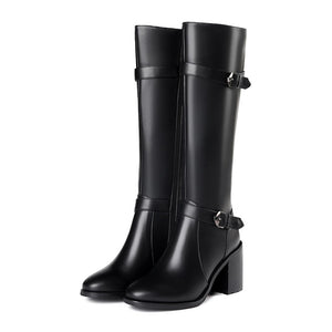 Genuine Leather Square High Heels Zip Up Knee High Long Boots