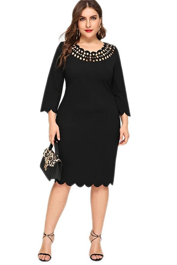 Plus Size Black Solid Laser Cut Yoke Scallop Edge Midi Dress