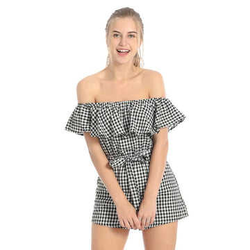 Off Shoulder Ruffles Plaid Overalls Romper Dress Verkadi.com