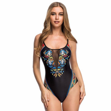 Sexy Geometric Print Lace Up Back One Piece Swimsuit